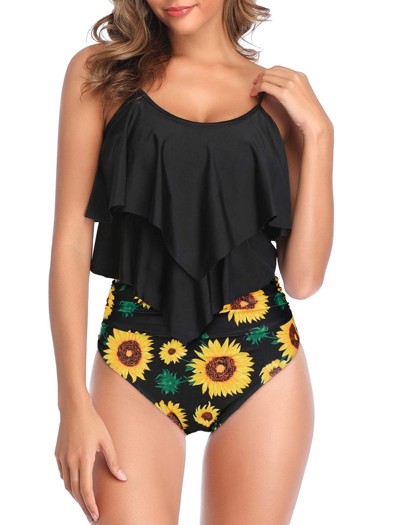 American Trends Womens Tankini Swimsuits High Waisted Bathing Suits Tummy Control Ruffled Top Swimwear Two Piece Swimming Suits 07 Black Sunflower 10-12 - Image 5